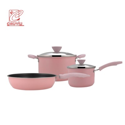 Popular Pink 5Pcs Non Stick Pan Stainless Steel Pots And Pans Pink Cookware Sets Cooking Pot Set With Glass Lid