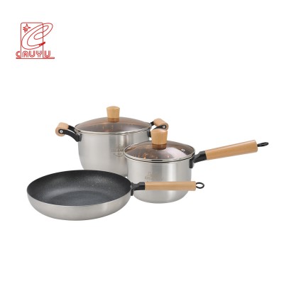 5Pcs Luxury 304 SUS Kitchen Cooking Cookware Set Granite Coating Set Non Stick Pan With Wooden Handle