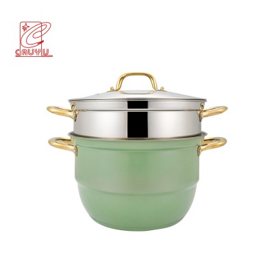 Newest Two-layers Colorful Stainless Steel Multipurpose Kitchen Cooking  Steamer Pot Set With Golden Handle